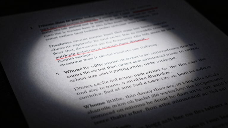 Dramatic chiaroscuro photograph of hand-written speech edits under a single direct spotlight, red ink corrections on white paper, deep charcoal shadows.
