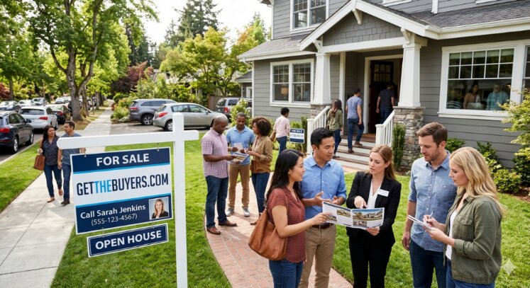 Real estate agent showing a grey family home to buyers during a busy open house event.