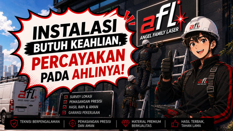 Proses instalasi signage sesuai kesepakatan oleh tim Angel Family Laser Cileungsi-Cibubur.