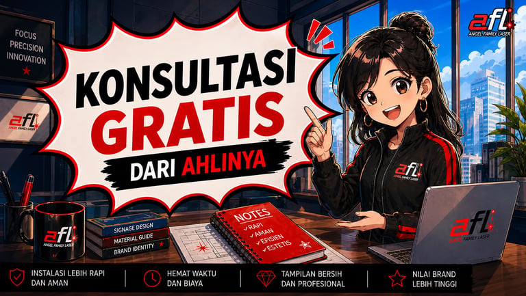 Konsultasi sebelum produksi signage custom dimulai oleh tim Angel Family Laser Cileungsi-Cibubur.