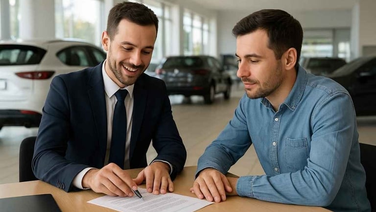 Fotografia realista mostrando um consultor de vendas explicando opções de leasing, consórcio e financiamento