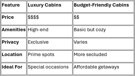 a table with features for luxury and budget friendly cabins