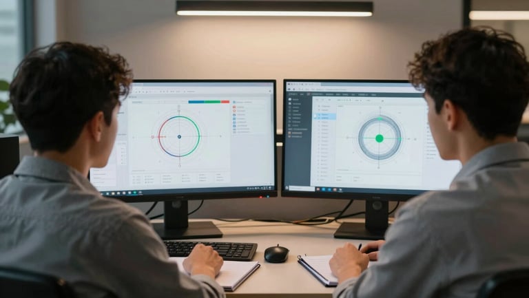 Shoulder-to-shoulder view of two engineers reviewing a test results dashboard on dual monitors, clean office workspace, warm overhead lighting, notepads open on the desk beside them
