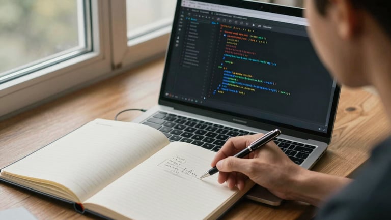 Close overhead view of an open engineering notebook beside a laptop showing a code review screen, a developer's hand holding a pen mid-annotation, warm natural daylight from a side window
