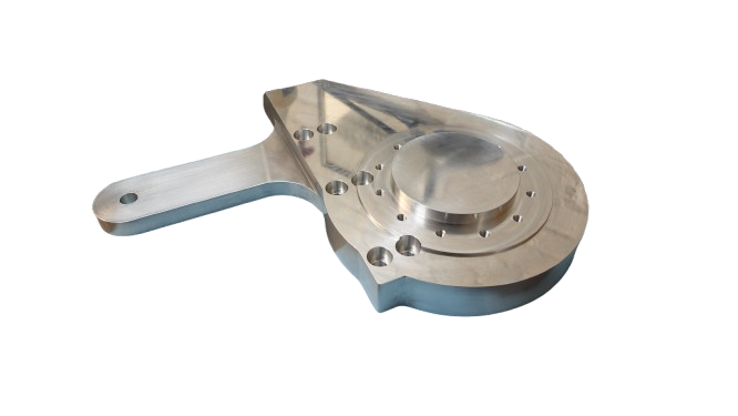 Precision CNC machined aluminum industrial component with polished finish and mounting holes.