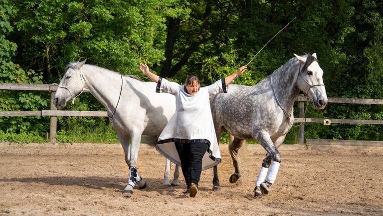 a woman in white shirt and black pants standing next to two white horses