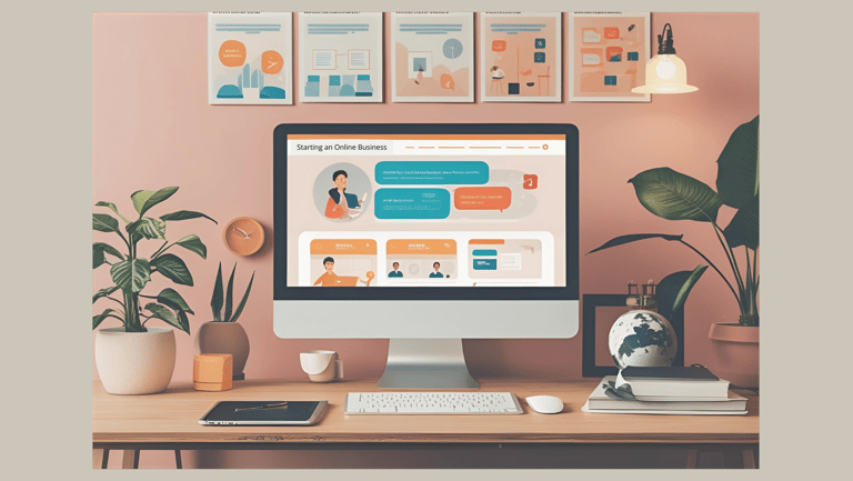 Moderner Arbeitsplatz mit Computer, auf dem ‚Starting an Online Business‘ angezeigt wird – visuelle Darstellung für den Begin