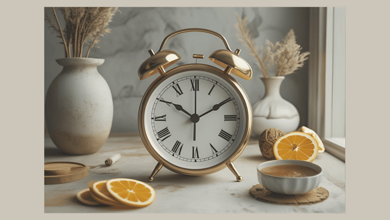 Goldene Retro-Uhr auf einem Tisch mit Orangen und Tee – Symbol für Zeitmanagement und Energiehaushalt im Alltag.