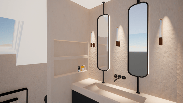 Une image d'un évier de salle de bain dans les tons noirs et beiges avec deux miroirs