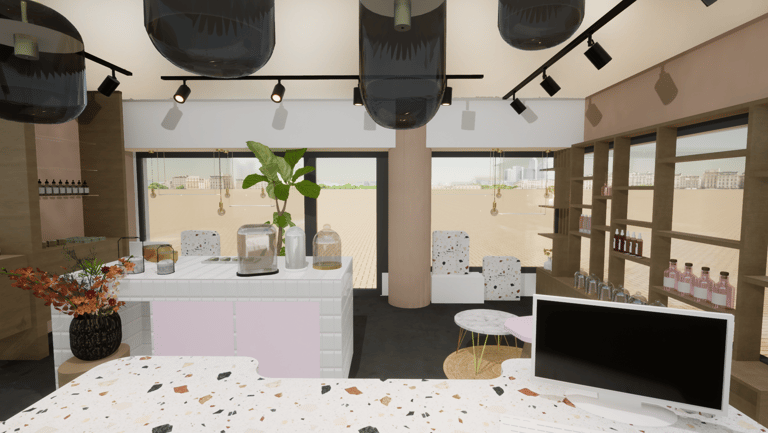 Projet d'aménagement de la boutique Cozybee avec un comptoir sur-mesure et des suspensions