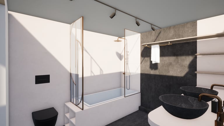 Partie d'une salle de bain avec une baignoire, un wc et des verrières dorées