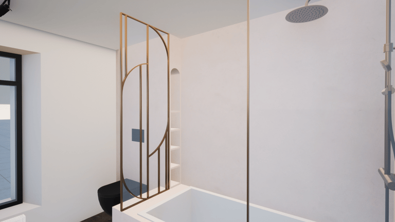 Zoom sur une verrière sur-mesure dorée et des niches encastrée au niveau de la baignoire