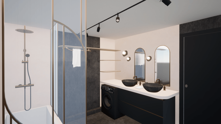 Vue complète d'une salle de bain avec le pommeau de douche doré, le meuble évier et des miroirs