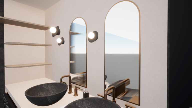 Meuble évier beige et noir avec deux vasques, deux miroirs , des appliques murales et des étagères