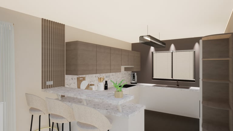 Photo après transformation, d'une cuisine dans les tons beige et taupe et plan de travail terrazzo