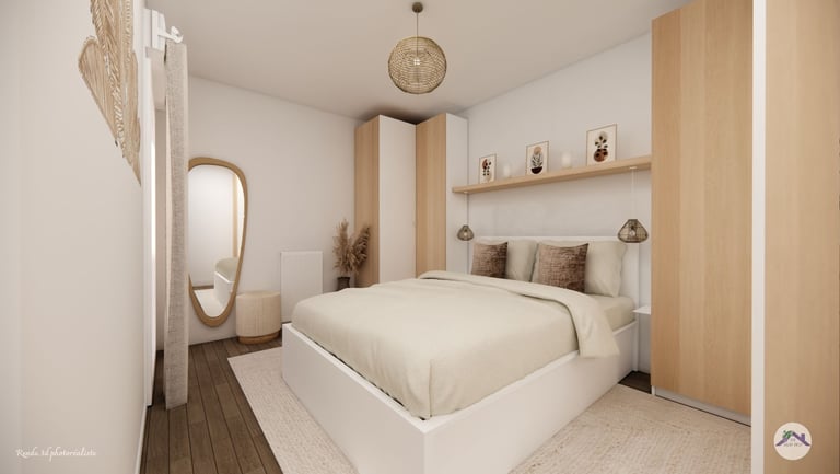 Chambre bohême avec rangement sur mesure autour du lit
