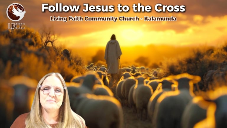A church graphic of Jesus as a shepherd leading sheep toward a golden sunset.