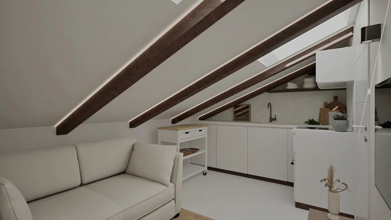 Render 3D de salón-cocina abuhardillado con sofá claro
