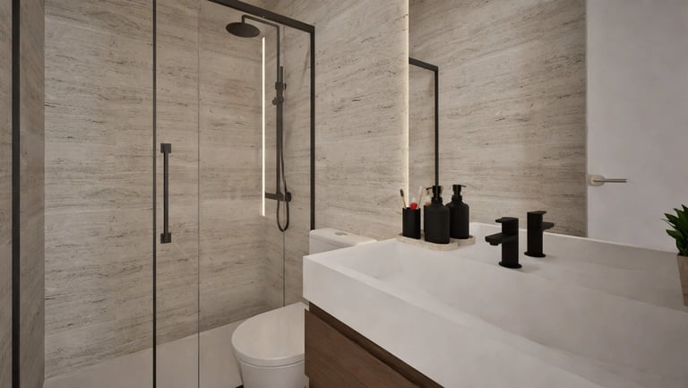 Render 3D de baño moderno con ducha de vidrio y revestimiento en piedra natural