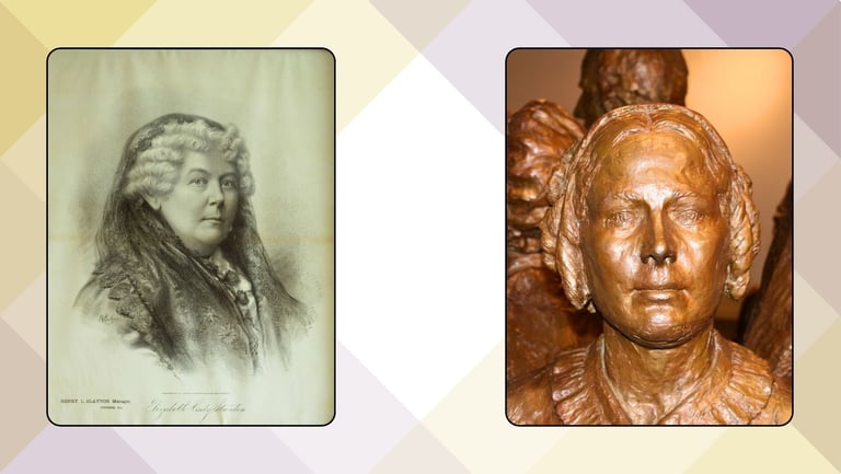 a portrait and bronze statue of a woman