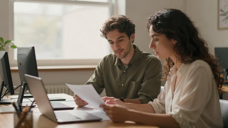 Two colleagues of different backgrounds collaborating over documents in a quiet, sunlit workspace, medium shot, warm editorial style.