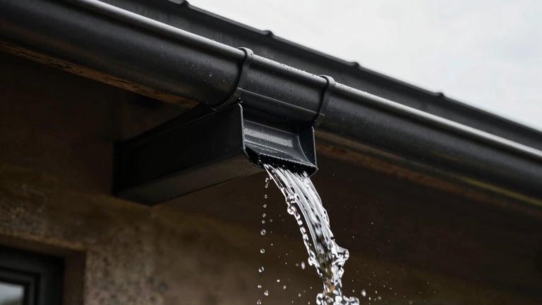 Macro detail shot of a heavy-duty black seamless aluminum gutter shedding water cleanly, high-contrast natural light, 35mm