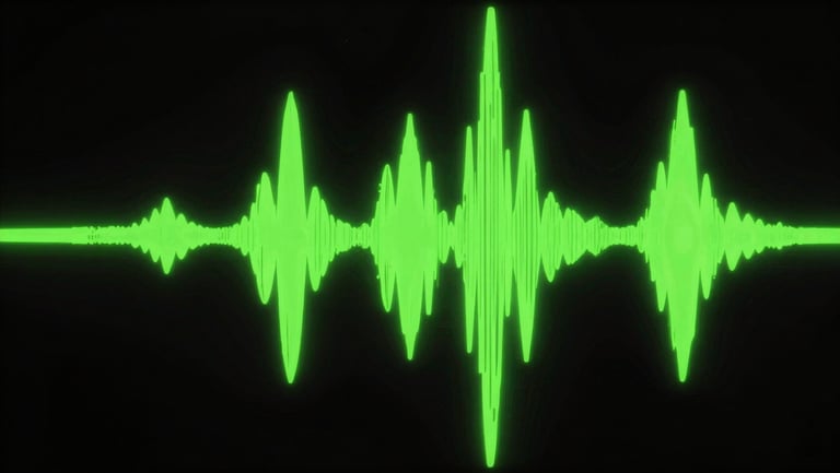 A high-contrast conceptual graphic of a digital audio waveform, glowing acid green neon lines on solid black background.
