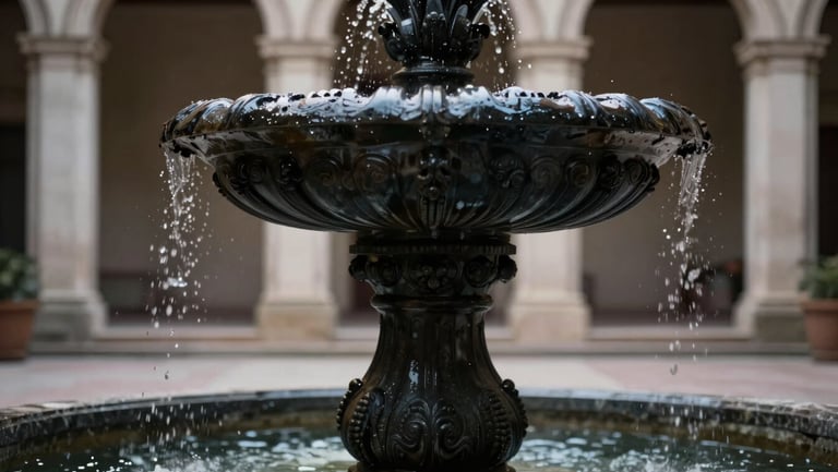 Extreme close-up of heavy classical fountain in a silent government courtyard, dramatic chiaroscuro lighting, dark slate and black tones.