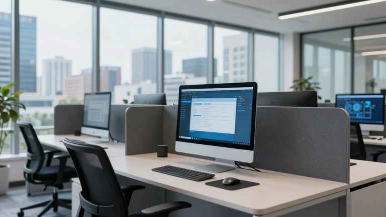 A clean modern software development workspace in a Latin American business hub, bright natural daylight, cool blue and slate tones, sharp focus, architectural framing, 35mm