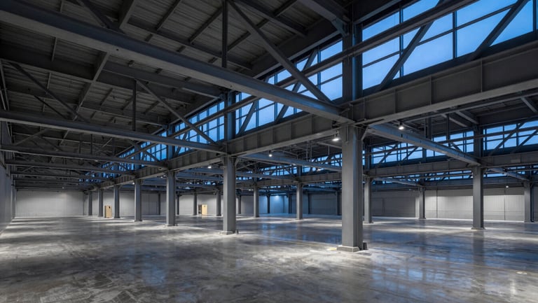 Interior of a massive modern logistics center with exposed steel trusses and polished concrete floor, sharp architectural lines, twilight light filtering through high windows