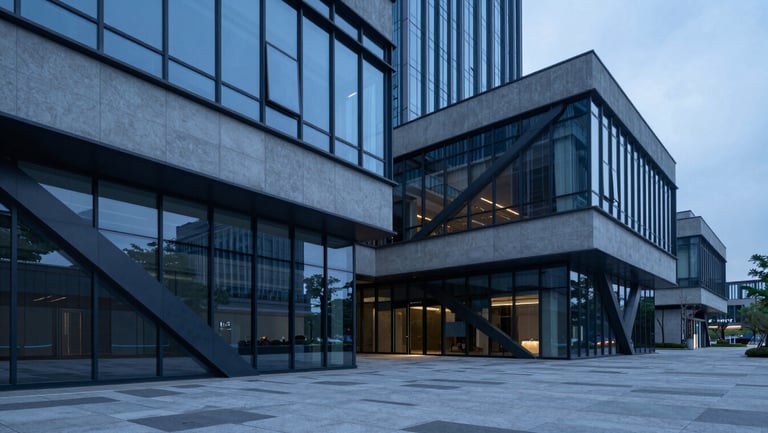 Exterior of a high-end commercial plaza with geometric glass facades and concrete slabs, cool dusk lighting, sharp clean lines