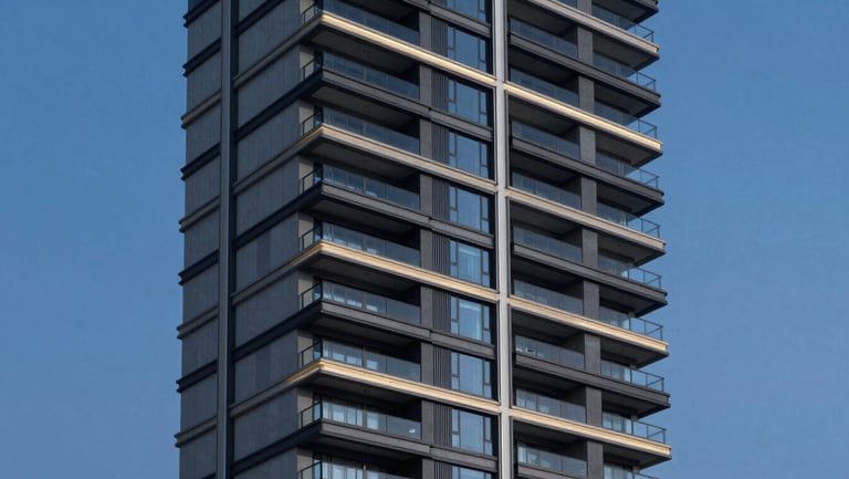 High-angle architectural shot of a luxury vertical residential tower, cantilevered concrete balconies, high-contrast twilight sky