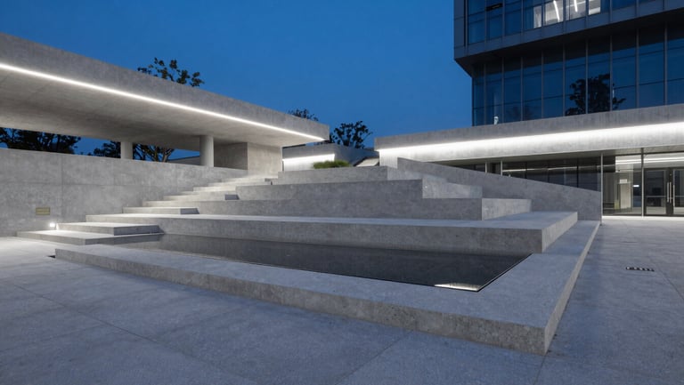A modern urban public plaza with geometric concrete steps, minimalist water mirror, and linear architectural lighting at dusk