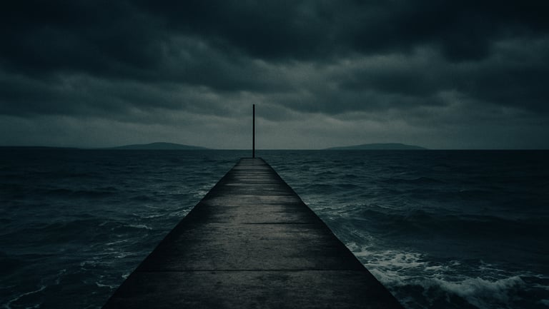 Moody cinematic film still, low-key dramatic lighting, an isolated concrete pier on the Irish coast under heavy overcast skies, desaturated cool tones, anamorphic lens, 35mm grain
