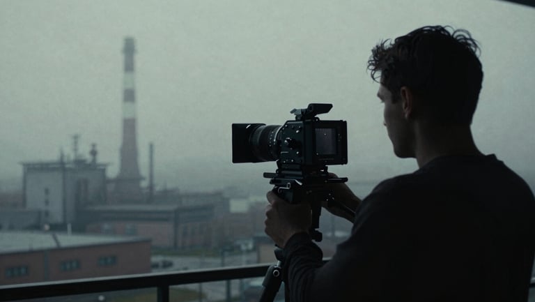 Atmospheric behind-the-scenes on-set moment, high contrast shadows, film camera silhouette against a misty Berlin industrial backdrop, low-key lighting, 35mm grain