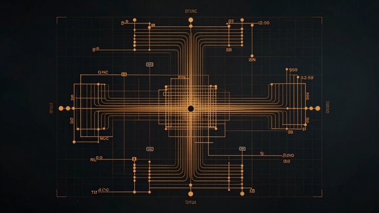 Technical vector network topology schematic, fine amber grid lines on a dark background, high-density telemetry, precise mathematical notation.