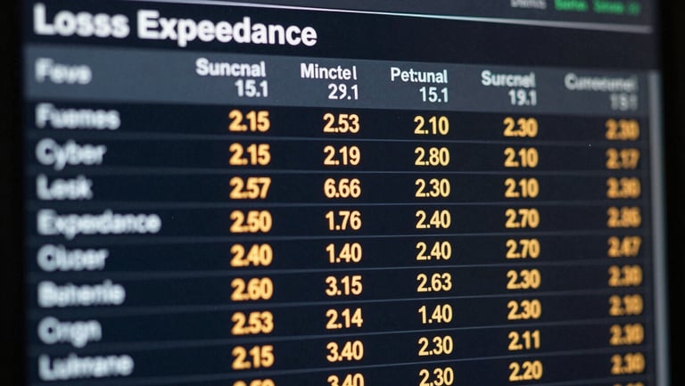Structured cyber risk data table showing loss exceedance calculations, glowing amber numbers on a dark screen, financial terminal interface.