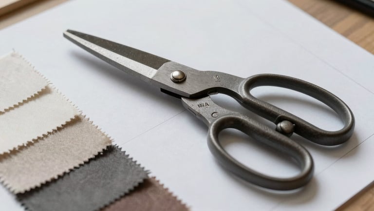 A pair of heavy steel shears resting on marked drafting paper, with neutral fabric swatches layered alongside, soft side lighting