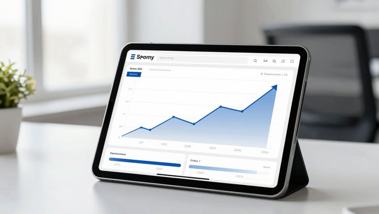 A clean tablet screen displaying a modern analytics dashboard with upward-trending line graphs, bright daylight workspace
