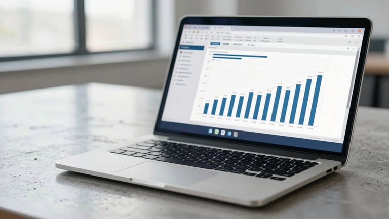 Close-up of a laptop displaying clean data metrics and bar charts, natural daylight reflecting on a polished concrete desk
