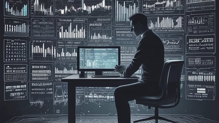 A sleek workspace with multiple monitors displaying complex trading algorithms and market data.