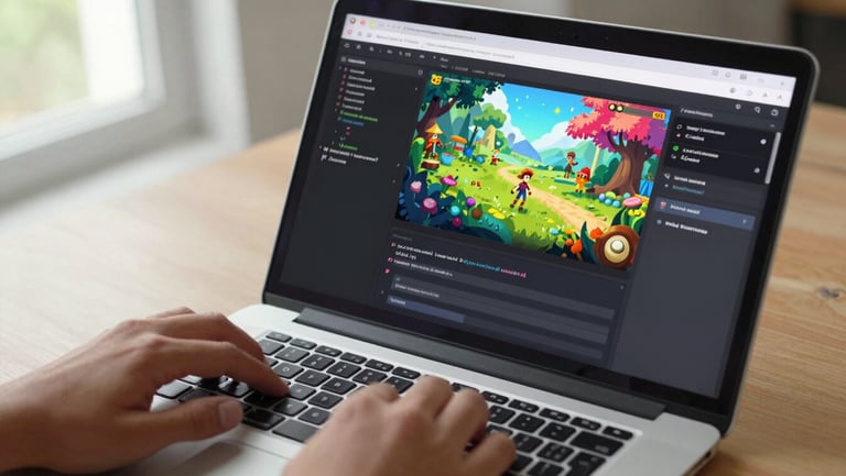 Close-up overhead shot of a laptop screen showing a colorful browser game in progress, code editor open beside it, Kavin's hands on the keyboard, natural desk light from the left window