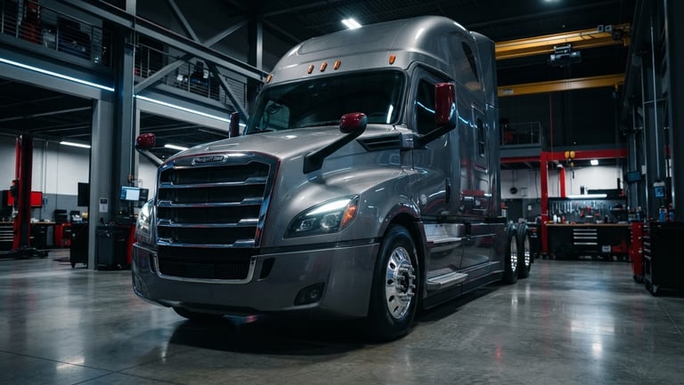 A powerful front 3/4 low-angle shot of a pristine, latest-generation Freightliner Cascadia semi-truck with chrome grille and glowing LED headlights, parked inside a modern, clean, high-tech service bay with dramatic high-contrast lighting.