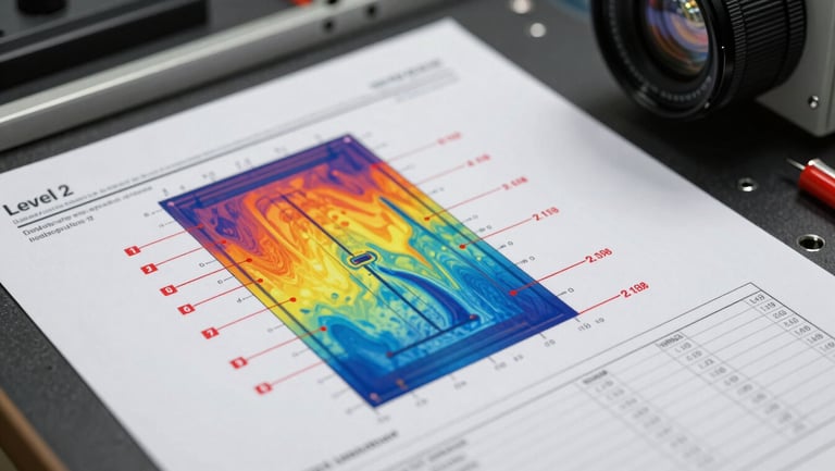 Close-up of a printed and annotated thermal inspection report lying on a technical work surface, showing a false-colour infrared image of an electrical panel with temperature gradient callouts and measurement markers in red, a Level 2 certification stamp visible at top right, studio strobe lighting emphasising the document detail and data annotations