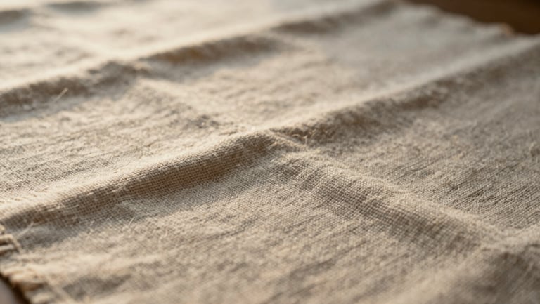 Close-up of raw linen weave fabric, showing the intricate texture of the threads under soft side-window daylight, shallow depth of field.