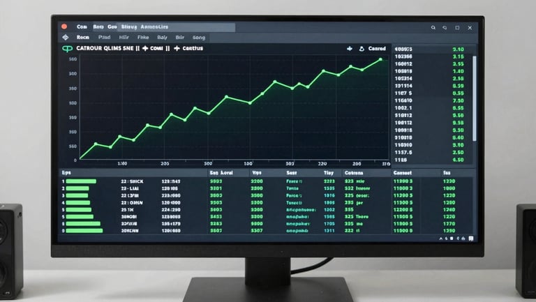 Wide panoramic overhead view of a campaign performance dashboard on a large monitor, green metric lines trending upward, clean desk environment, bright studio lighting, no people