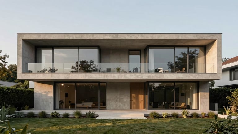 Symmetrical architectural shot of a minimalist functionalist villa facade in Troja, concrete and glass elements, manicured garden, soft afternoon light