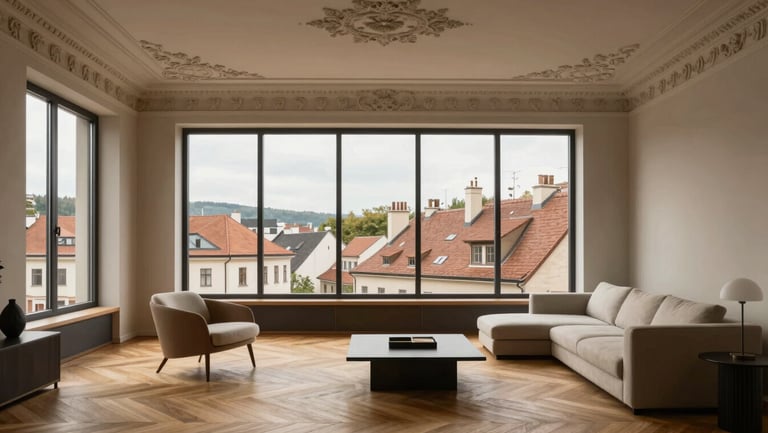 Interior of a luxury penthouse in Bubenec, high ceilings with ornate plasterwork, herringbone parquet floor, modern minimalist furniture, large window overlooking historic rooftops