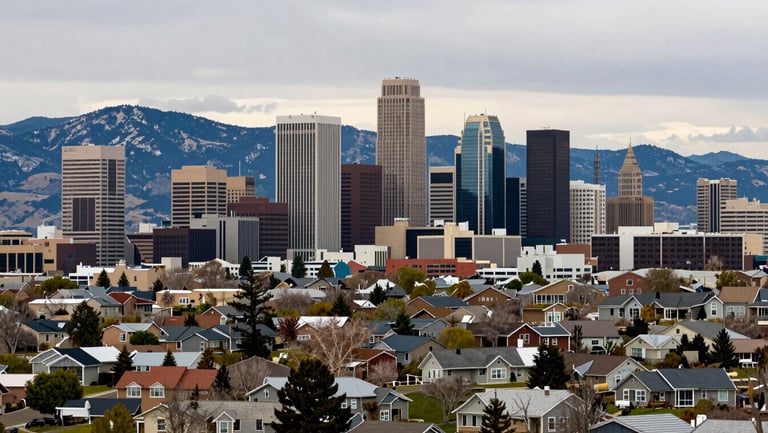 Wide panoramic shot of Salt Lake City skyline from a hillside neighborhood, downtown towers visible, Wasatch range behind, natural overcast daylight, residential streets in foreground