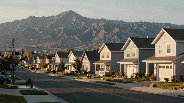 West Valley City Utah neighborhood street, mix of established homes and new builds, families visible on sidewalk, Oquirrh Mountains in background, warm afternoon light